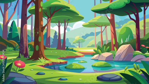A vibrant cartoon style forest scene featuring a winding stream and lush green vegetation high quality