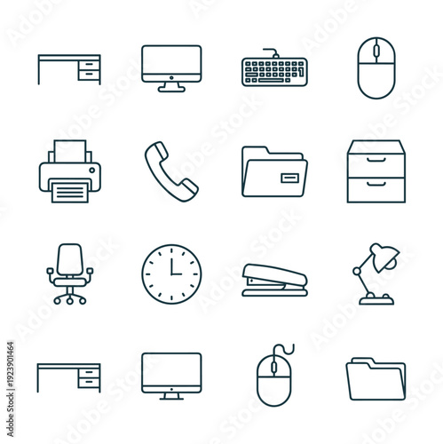 Collection of office supplies and equipment icons in a clean, modern line art style