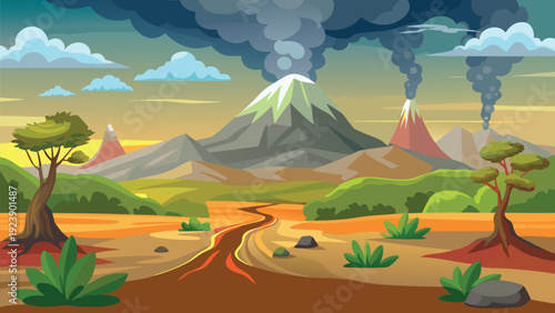 A vibrant cartoon illustration depicts erupting volcanoes flowing lava and a prehistoric landscape high quality professional