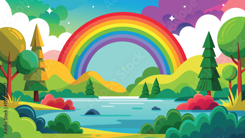 A vibrant cartoon landscape features a bright rainbow arcing over trees and a calm lake