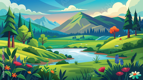 A vibrant stylized landscape featuring rolling green hills a winding river and distant mountains high quality