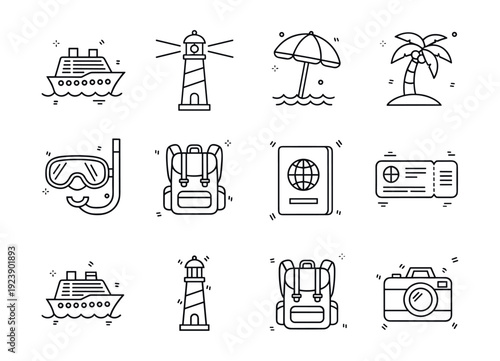 Collection of travel icons including cruise ship, lighthouse, beach umbrella, and palm tree