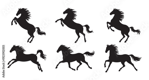 Set of six horse silhouettes. black graphic design of galloping, trotting and rearing stallions