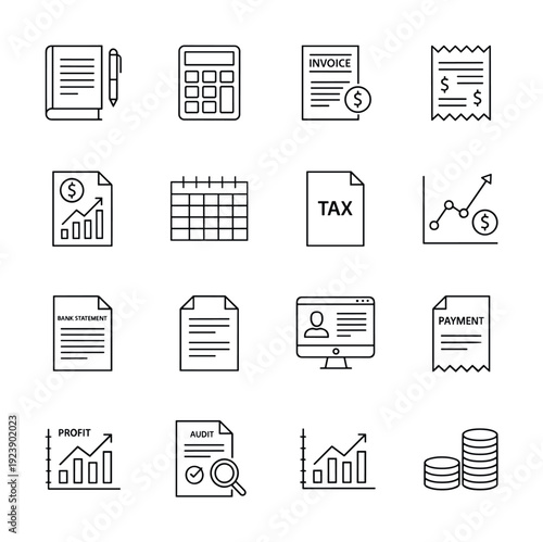 Collection of financial and business icons for accounting and planning purposes