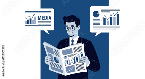 Focused businessman reading financial news and market data on a newspaper.
