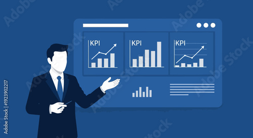 Business professional presenting data and key performance indicators on a digital dashboard