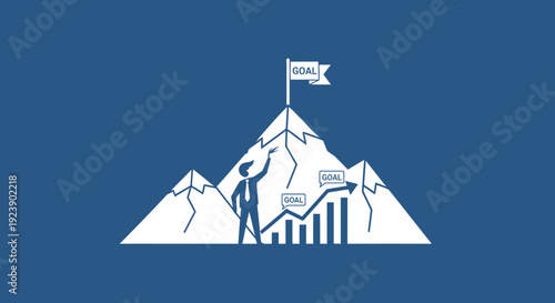 Determined person reaches for success on a mountain peak with growth chart.