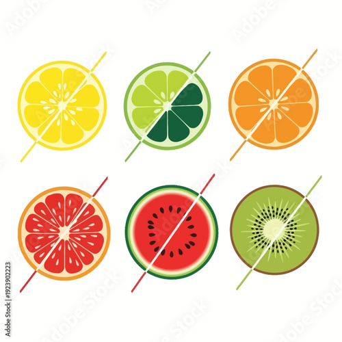 Vibrant Sliced Citrus Fruits and Watermelon, Kiwi, Orange, Lemon, Lime, Grapefruit