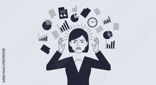 Stressed businesswoman overwhelmed by data and deadlines in a chaotic office environment