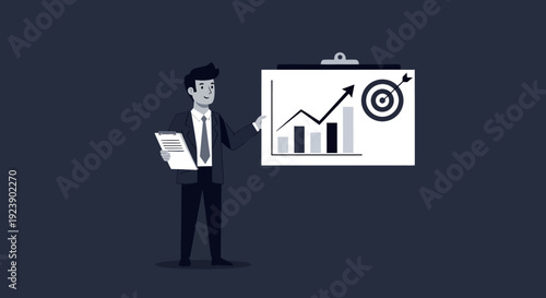 Businessman presenting growth chart and target on a whiteboard during a presentation