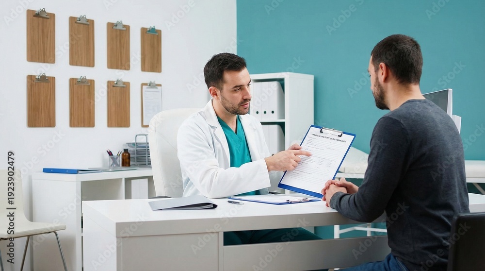 Naklejka premium Medical Consultation: Doctor Explains Patient Information in Modern Office Setting