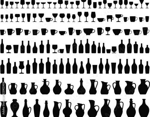Collection of drinkware silhouettes featuring glasses, bottles, mugs, pitchers, and jugs, black vector beverage container illustration set for design, hospitality, culinary, and creative inspiration