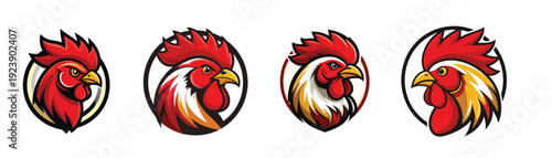 set of Vibrant red rooster head logo, a powerful and dynamic graphic symbol in a circular emblem, with sharp angles and bold lines, conveying energy and dominance.