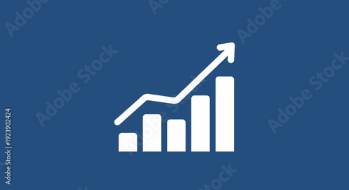 Simple bar chart with upward trending line showing growth and success on blue background