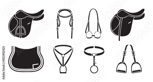 Collection of equestrian equipment saddles bridles stirrups girths black and white