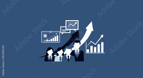 Business professionals analyzing upward trending growth charts and graphs for financial success.
