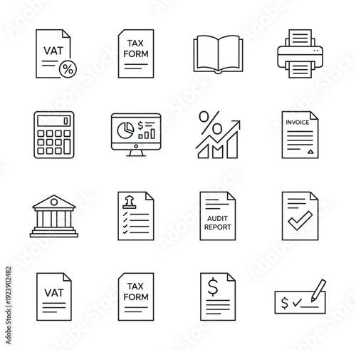 Collection of financial and business icons representing accounting and administrative tasks