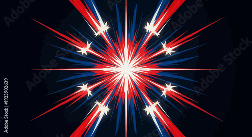 A vibrant abstract starburst design explodes with patriotic red, white, and blue light rays, symbolizing energy, celebration, and dynamic motion.