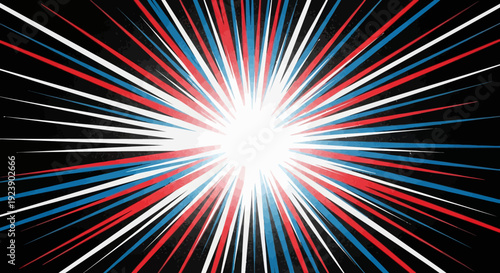 Dynamic abstract background featuring a vibrant burst of red, white, and blue light rays emanating from a brilliant central point, creating a powerful visual impact.