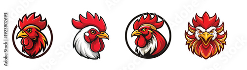 set of Vibrant red rooster head logo, a powerful and dynamic graphic symbol in a circular emblem, with sharp angles and bold lines, conveying energy and dominance.