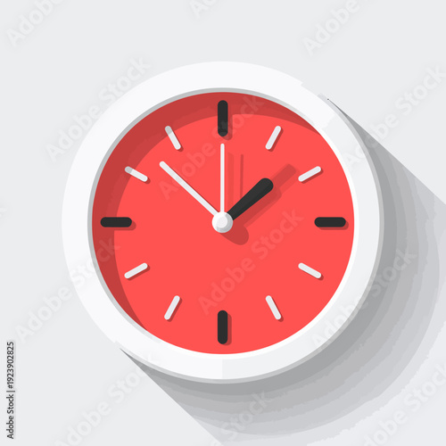 Flat design illustration of a red clock face with white and black hands on a wall-mounted timer viewed from a slight angle