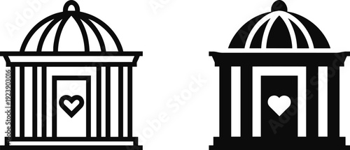 Black and white vector silhouette set of classical dome buildings with heart symbol for wedding chapel memorial architecture spiritual love and romantic branding