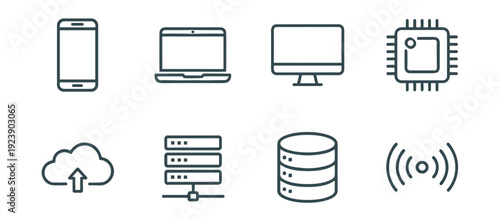 Collection of technology and computer hardware icons in a clean, modern line art style