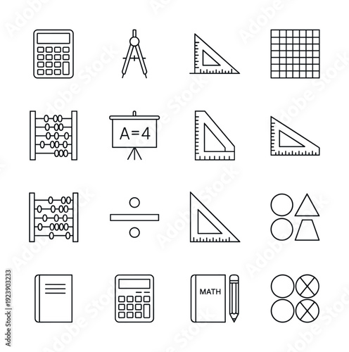 Collection of mathematical and educational icons in a clean, modern line art style