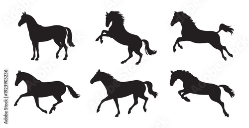 Set of six black horse silhouettes showcasing various dynamic poses including standing, rearing, and galloping