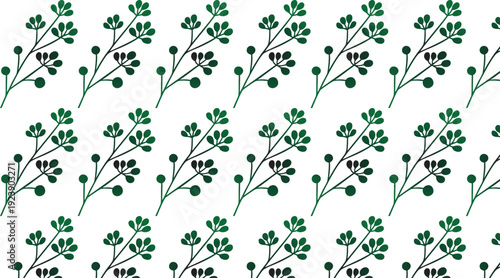 A seamless pattern of delicate green and black botanical sprigs, featuring small leaves and buds, creating a repeating decorative design perfect for backgrounds, textiles, and graphic elements