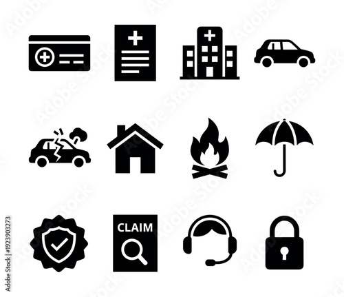 Collection of insurance icons representing various types of coverage and services