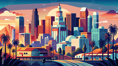 Very beautiful Los Angeles skyline vector illustration capturing iconic landmarks and palm-lined horizons in a clean minimalist style perfect for travel posters and contemporary urban branding.
