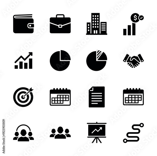 Collection of business and finance icons representing growth, planning, and teamwork