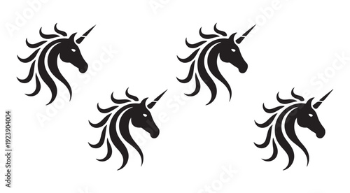 Four stylized unicorn head silhouettes with flowing manes and horns isolated on white background