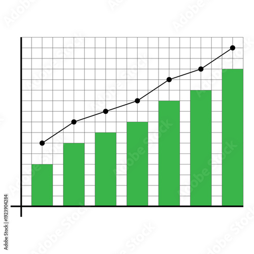 Increasing green bar chart and upward trend line with black data points on a coordinate grid representing financial success or business growth