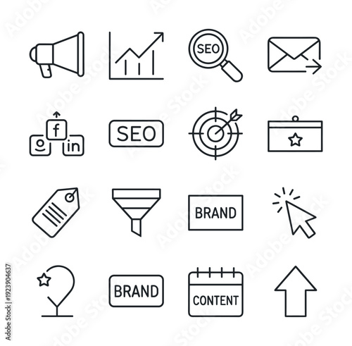 Digital marketing icons set for online business growth and strategy planning
