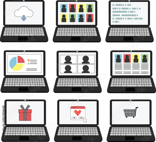 Set of flat design vector illustrations of laptops displaying different online services and digital concepts. Screens show cloud download, video conference, coding interface, data analytics chart, etc