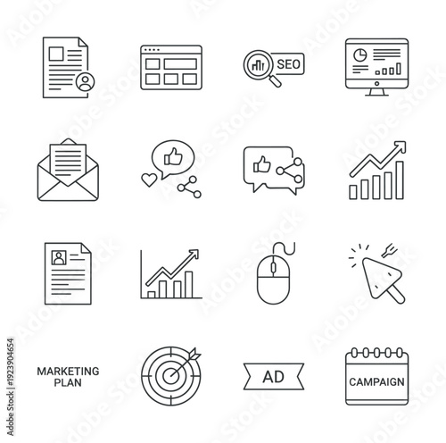 Collection of marketing and business icons representing strategy, growth, and digital engagement