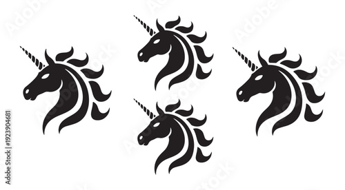 Unicorn profile silhouette collection with magical fantasy creature head icons isolated on white background