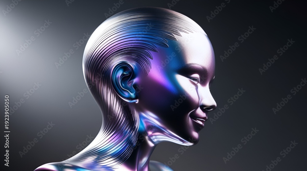 Obraz premium Polished chrome profile with holographic reflections, subtle glow accents emphasizing contours, high-detail rendering