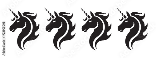 Magical unicorn head vector set featuring four black profile silhouettes of mythical creatures on white art