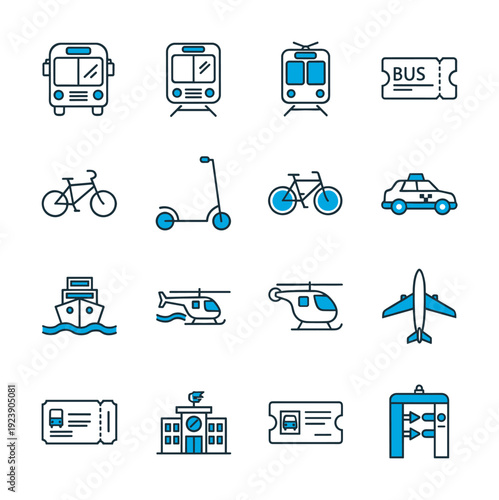 Collection of modern transportation and travel icons in a clean, flat design style