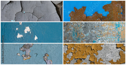Set of peeling paint textures. Old concrete walls with cracked flaking paint. Weathered rough painted surfaces with patterns of cracks and peeling. Collection of panoramic backgrounds for design.