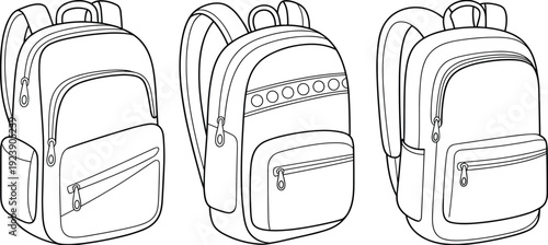 Set of three black and white line art vector illustrations featuring school backpacks with zippered pockets and adjustable shoulder straps on white background.
