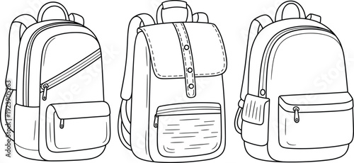 Collection of six black and white line art vector illustrations featuring various school backpacks with zippered pockets and adjustable shoulder straps on white background.