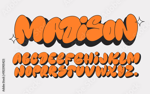 Graffiti bubble lettering alphabet set, funky balloon shaped organic font in retro style for posters, apparel and urban design