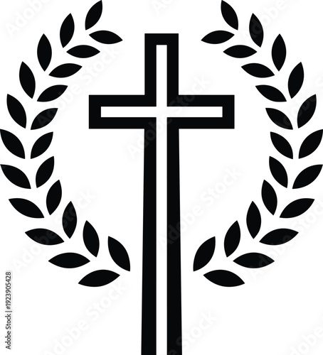 Black vector silhouette of a Christian cross with a laurel wreath frame for religious holidays church branding memorial services and spiritual faith concept graphics