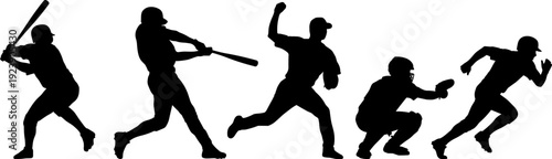 Baseball player silhouette collection, batter pitcher catcher runner vector set, sport action isolated illustration design bundle pack