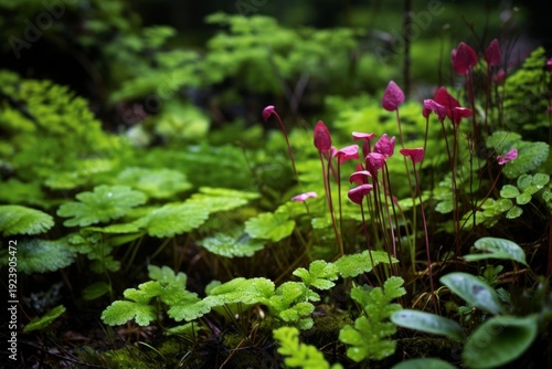 Bright pink mushrooms emerging from a vibrant green forest floor with dew drops