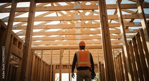 Construction workers building a house on site